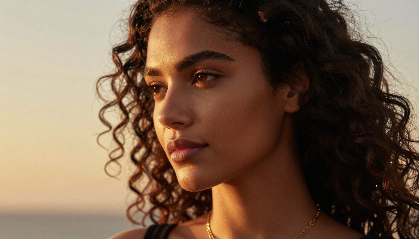 Close-up portrait of a woman with deep brown eyes and dark curls, golden hour halo backlight, warm amber and gold bokeh background, Canon EOS R5 135mm f/2, photorealistic skin texture, 8K