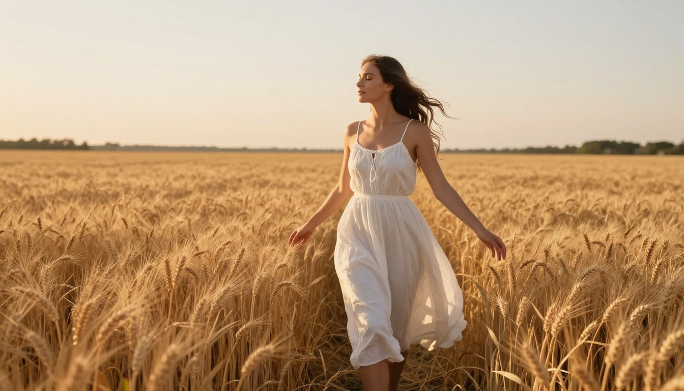 Woman in flowing white sundress walking through sun-drenched wheat field at golden hour