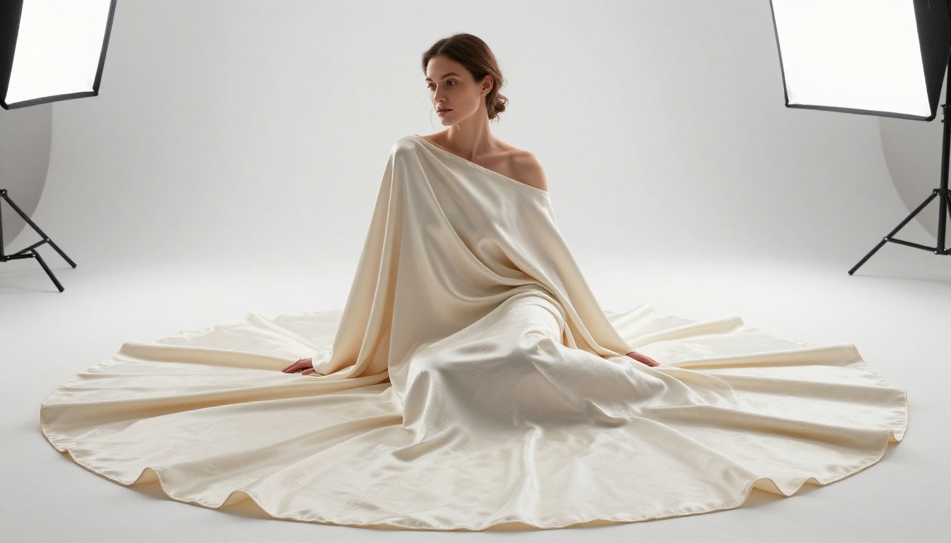 Minimalist silk fabric fashion photograph, white studio, Phase One medium format