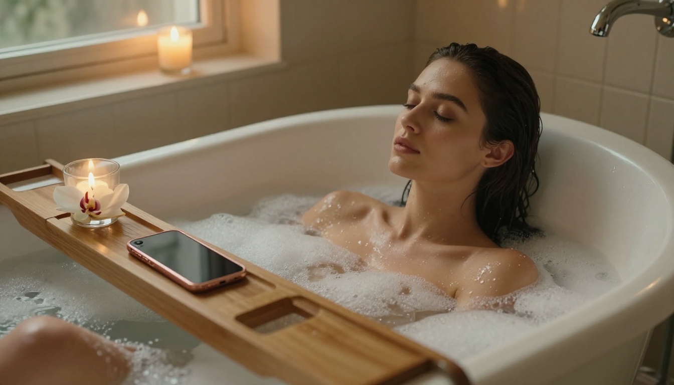 Elegant woman with dark wet hair relaxing in a porcelain freestanding bathtub, white foam bubbles, bare shoulders, rose-gold phone on wooden tray, candlelight and frosted window light, Leica APO 75mm f/2, photorealistic, 8K