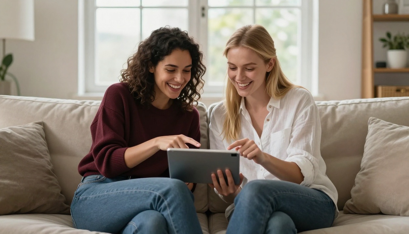 Two women in their twenties sitting on a beige sectional sofa looking at a tablet together, laughing and pointing at the screen, natural daylight backlight, Sony A7R V 50mm, candid warm atmosphere, photorealistic, 8K