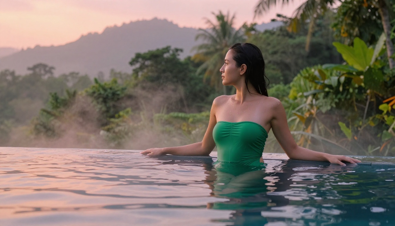 Woman in emerald swimsuit standing waist-deep in tropical infinity pool at sunrise overlooking jungle canopy