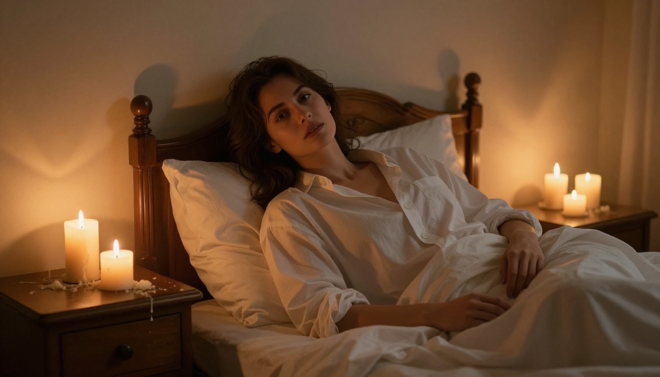 Moody boudoir candlelight portrait, intimate bedroom setting, Kodak Portra film grain
