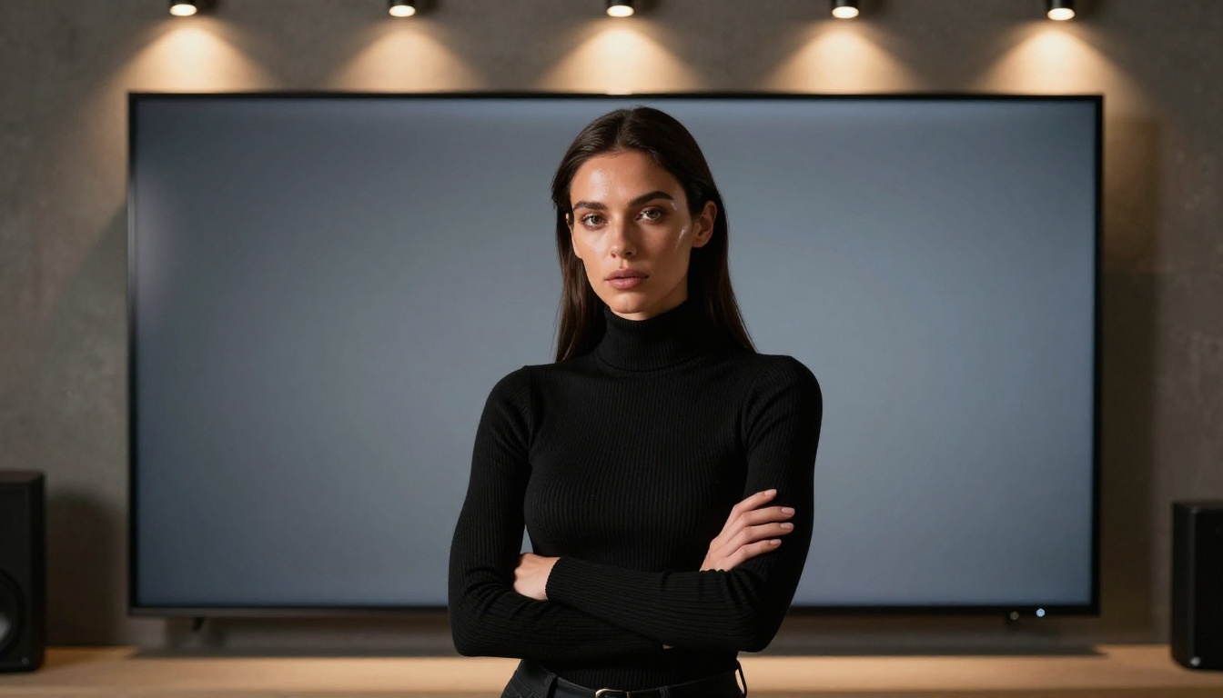 Striking woman with copper skin and long dark hair standing in front of a large monitor displaying artistic portraits, fitted black turtleneck, dramatic overhead spotlights, low-angle Canon EOS R5 24mm, cinematic shadows, photorealistic, 8K