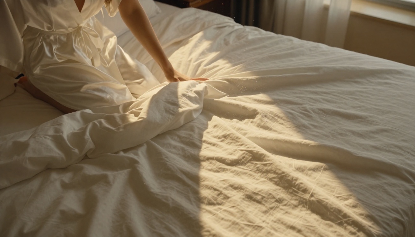 Cinematic overhead shot of morning light on hotel bed sheets
