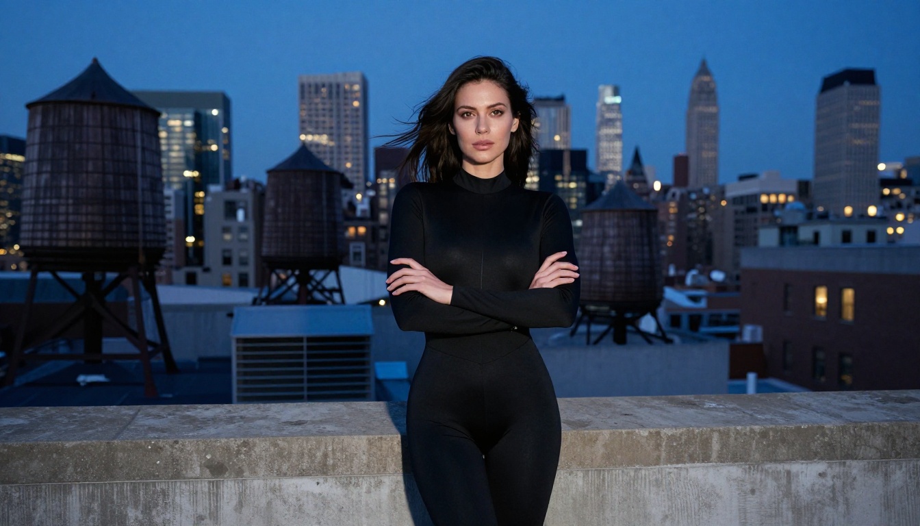 Woman in black bodysuit on Manhattan rooftop at blue hour, urban editorial photography