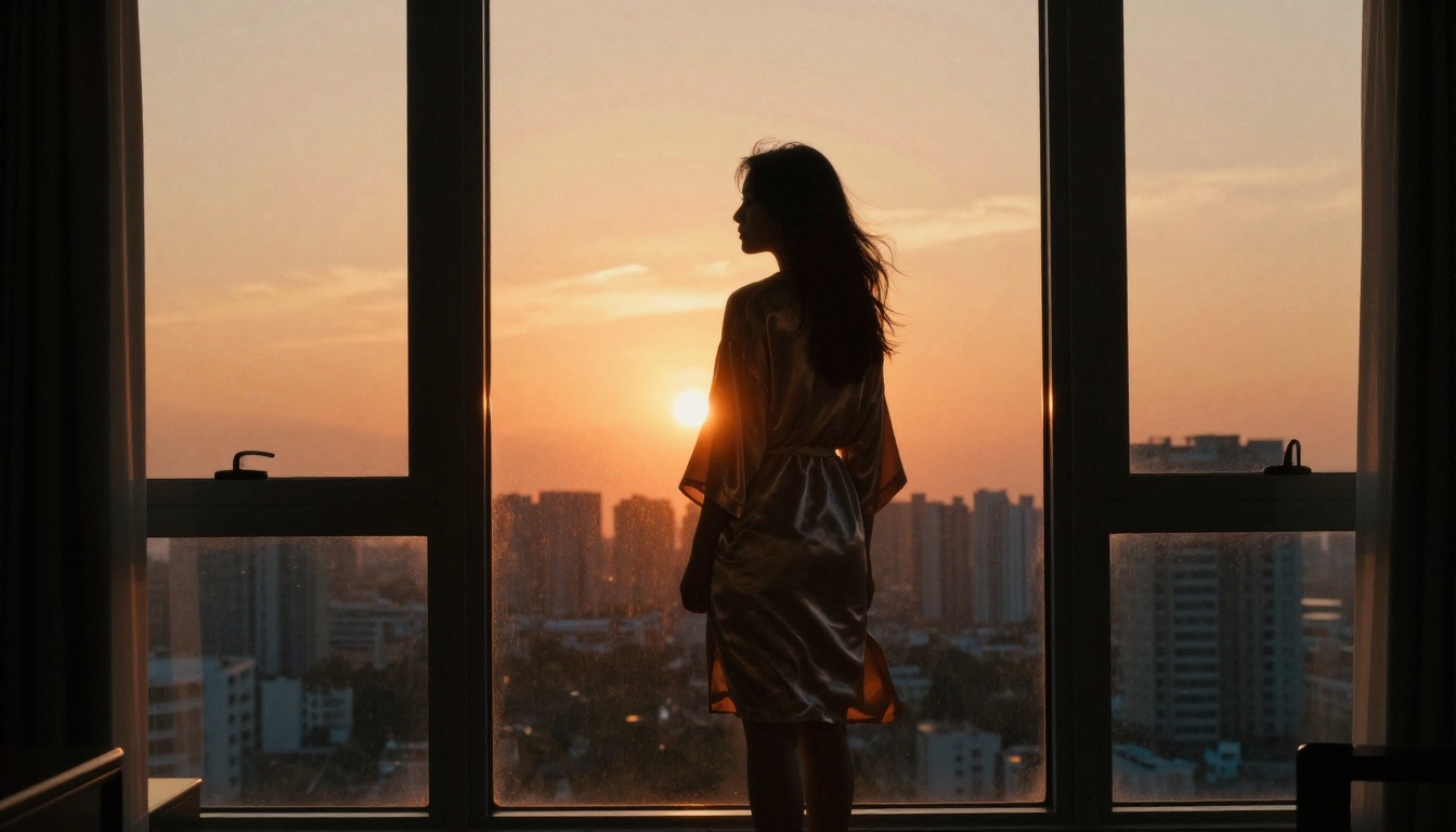 Cinematic silhouette of woman at golden hour window with city backdrop