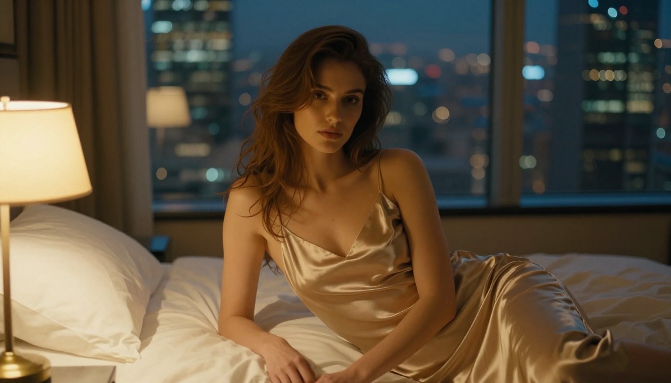Woman in champagne silk slip dress with cinematic hotel room lighting