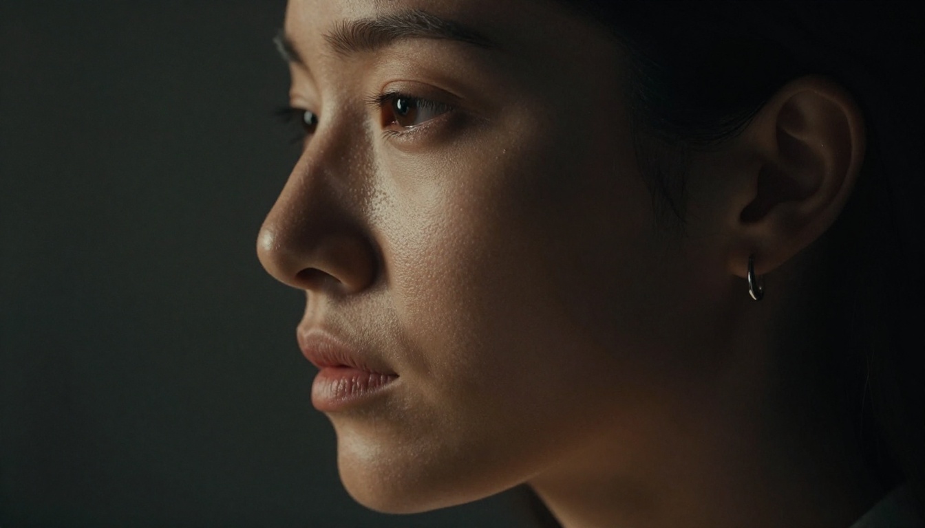 Cinematic profile portrait with dramatic one-source sidelight and deep shadows