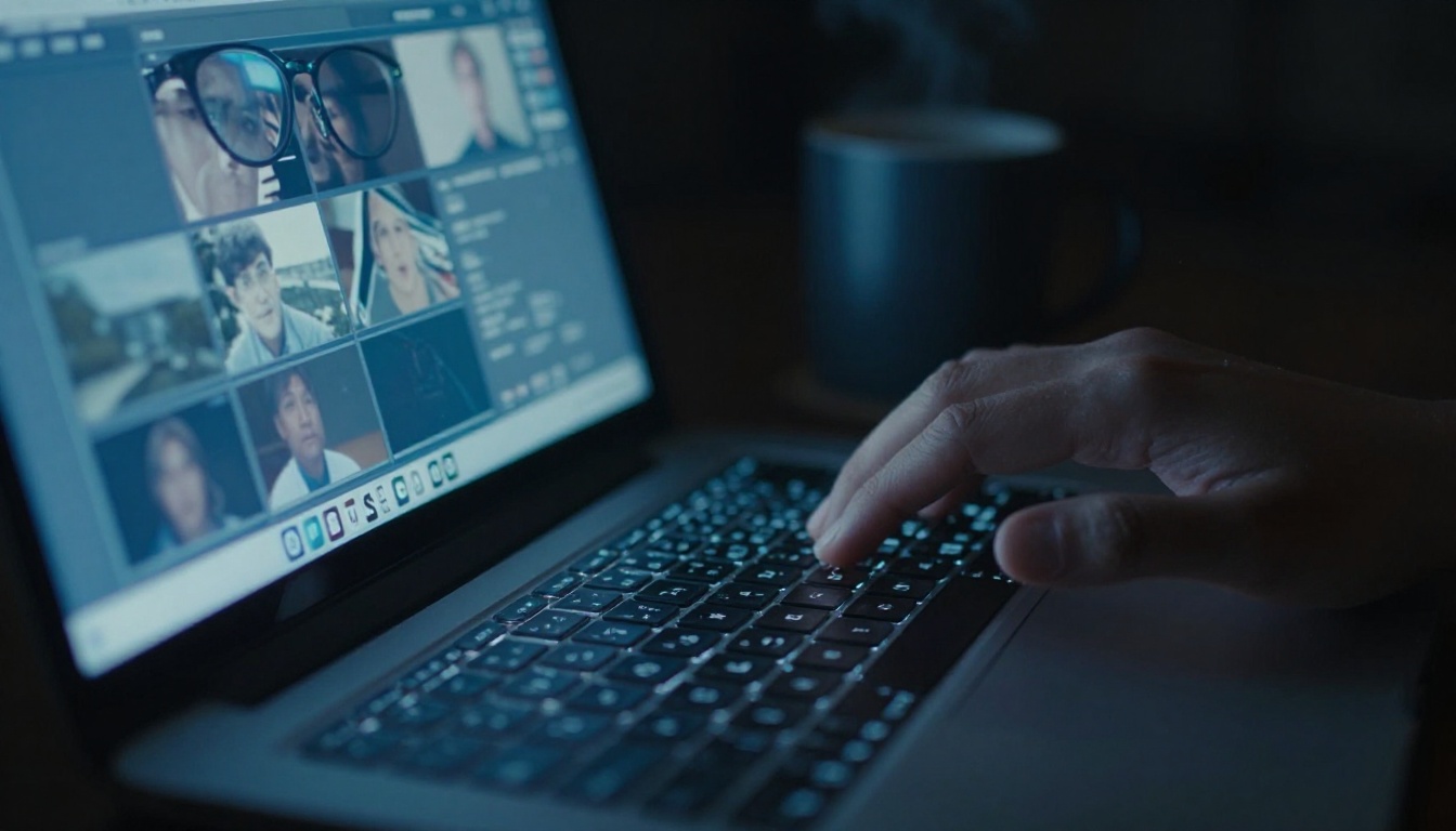 Creative workspace with laptop screen glowing in dark room showing AI video interface
