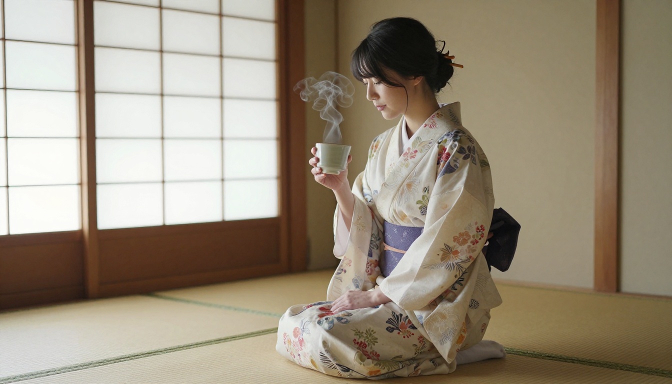 Woman in floral silk kimono in minimalist Japanese ryokan natural light
