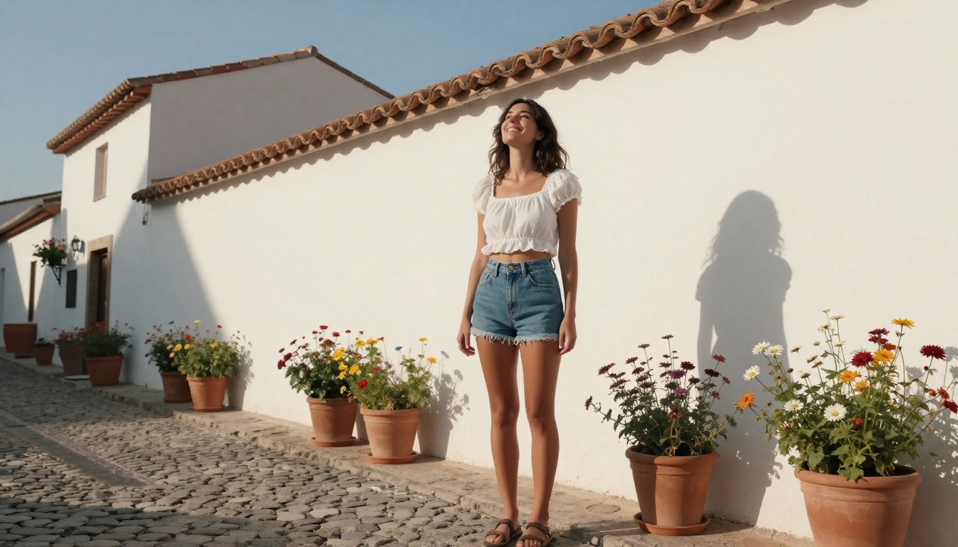 A woman in high-waisted denim shorts and a crop top on a sunlit Mediterranean cobblestone street, low angle wide shot A woman in high-waisted denim shorts and a crop top on a sunlit Mediterranean cobblestone street, low angle wide shot