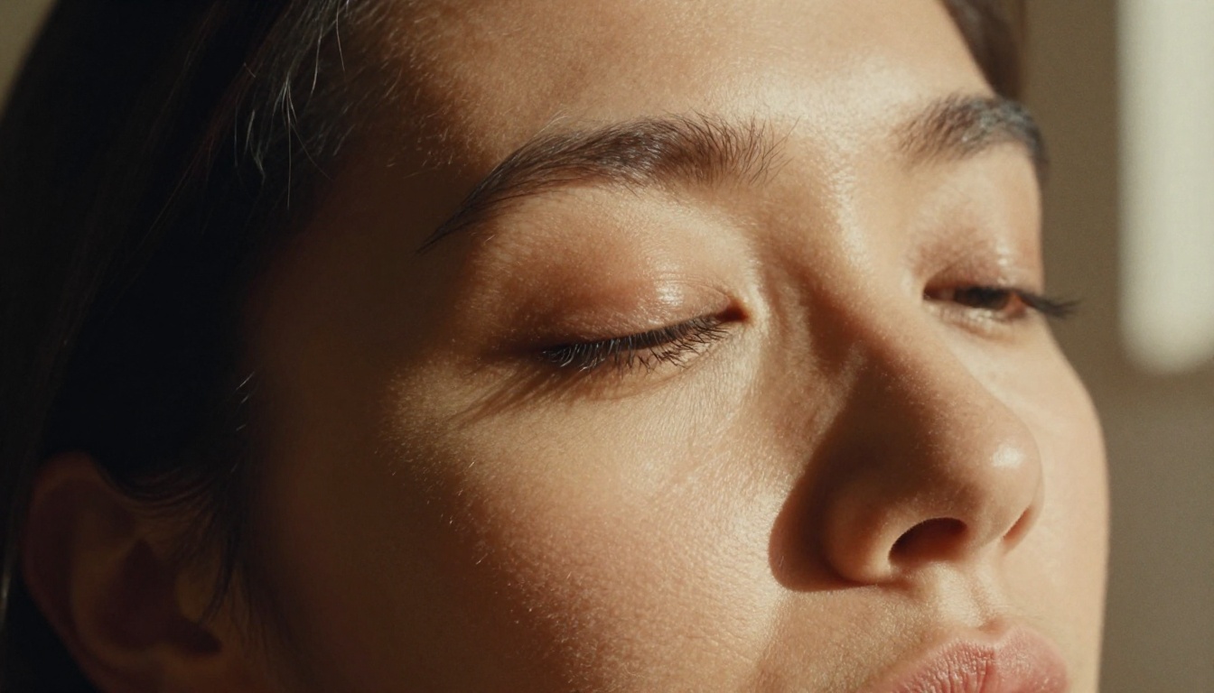 Cinematic close-up portrait study with authentic Kodak Portra film grain and natural skin texture