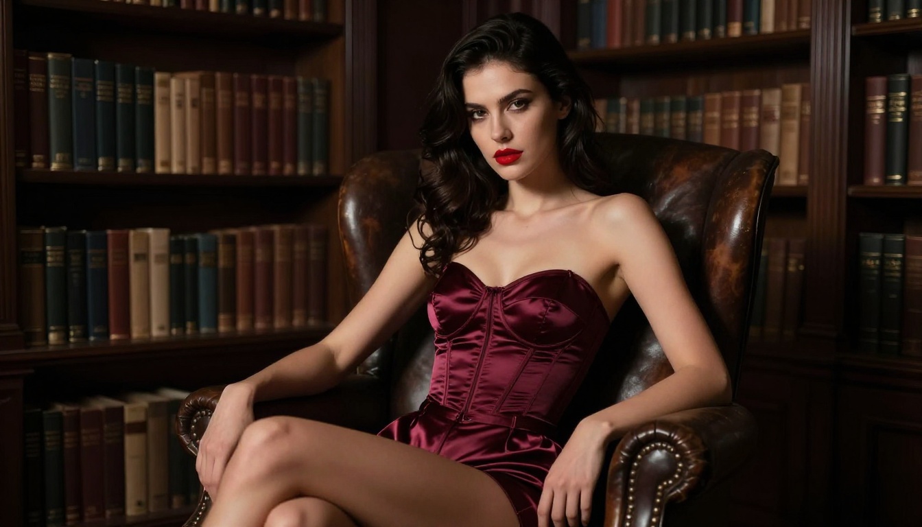 Woman in burgundy satin corset dark moody library dramatic spotlight
