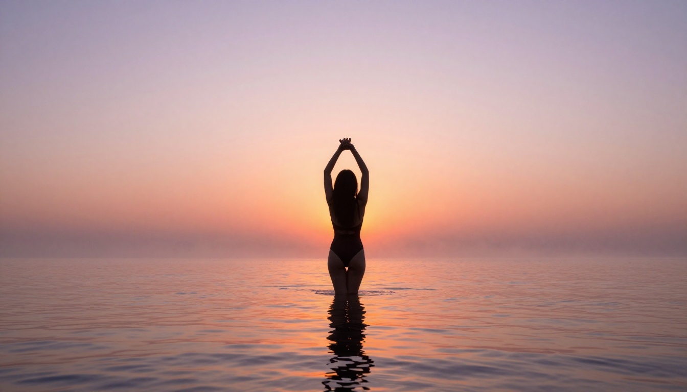 Silhouette of a woman in a one-piece swimsuit standing waist-deep in a calm ocean at sunrise, coral and lavender sky reflecting in still water