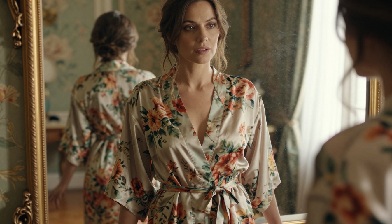A woman in a vintage floral silk robe standing before an ornate mirror in a Parisian boudoir, warm morning light through curtains, dust particles in the air