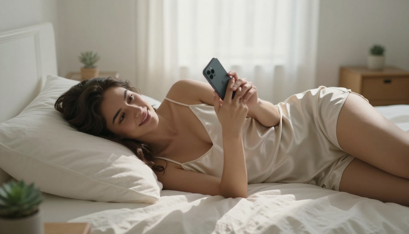 Woman relaxing on bed engaged in intimate AI chat conversation