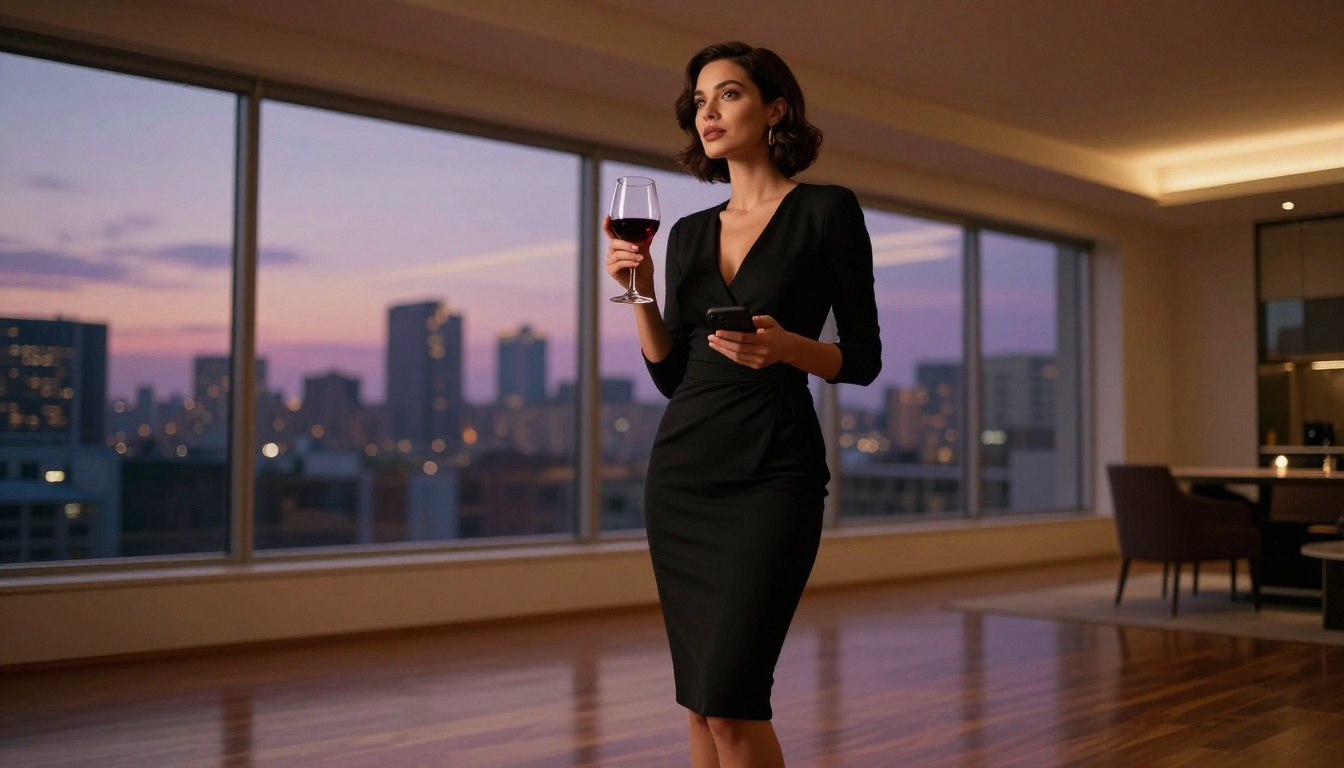 Confident stylish woman with wine glass and phone at dusk