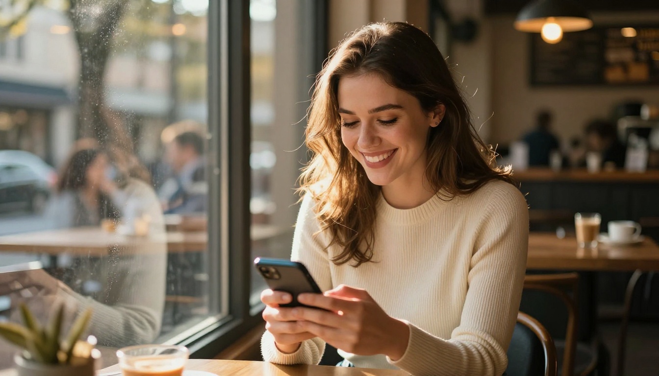 Woman at cafe window typing on smartphone with playful smile