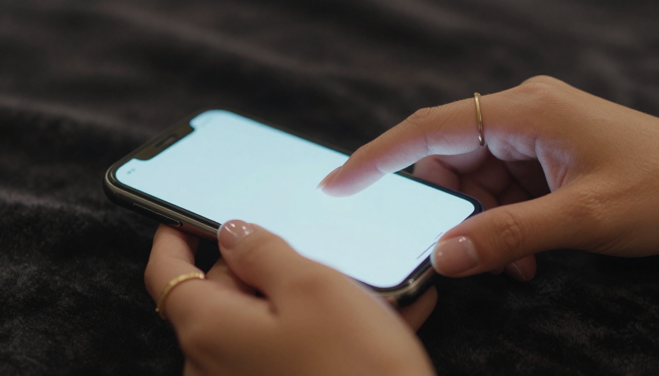 Close-up of elegant feminine hands holding a glowing smartphone
