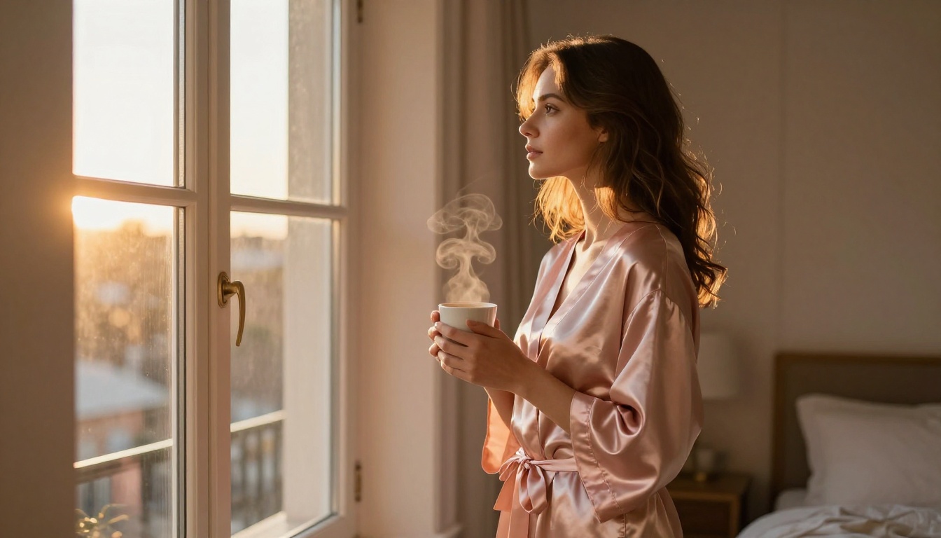 Woman in blush satin robe standing at window during golden hour