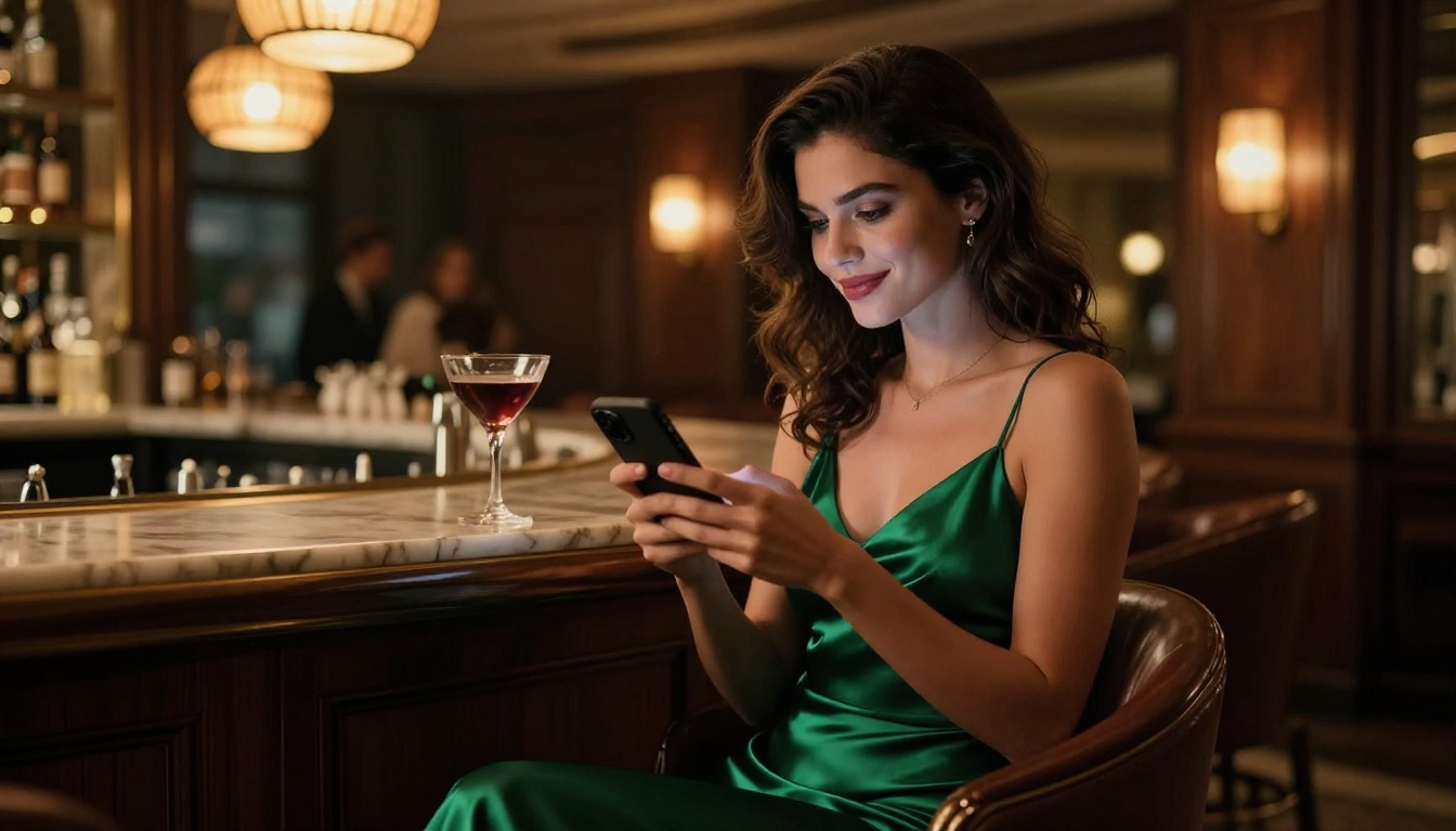 Glamorous woman at luxury hotel bar checking phone with knowing smile