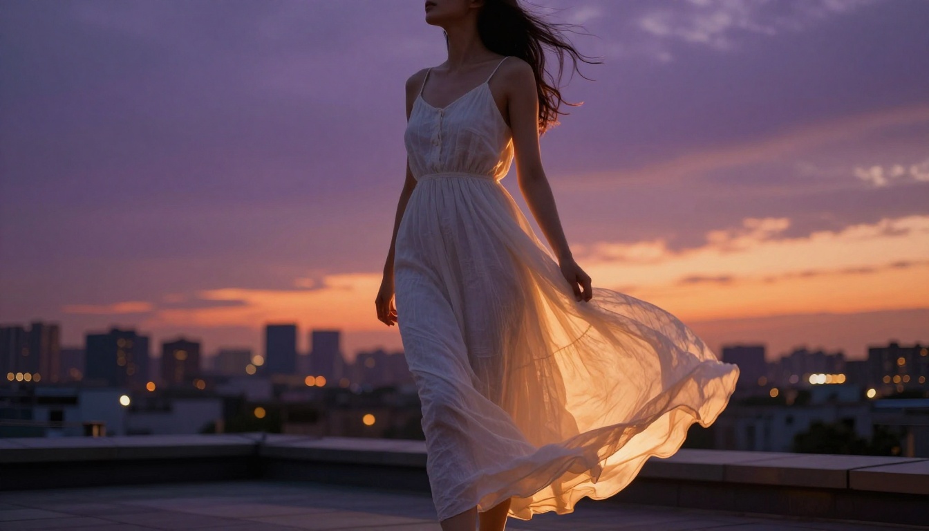 Woman in white dress on rooftop at sunset, cinematic angle