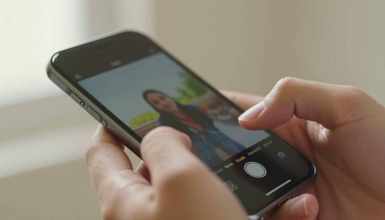 Hands reviewing video content on smartphone, close-up perspective