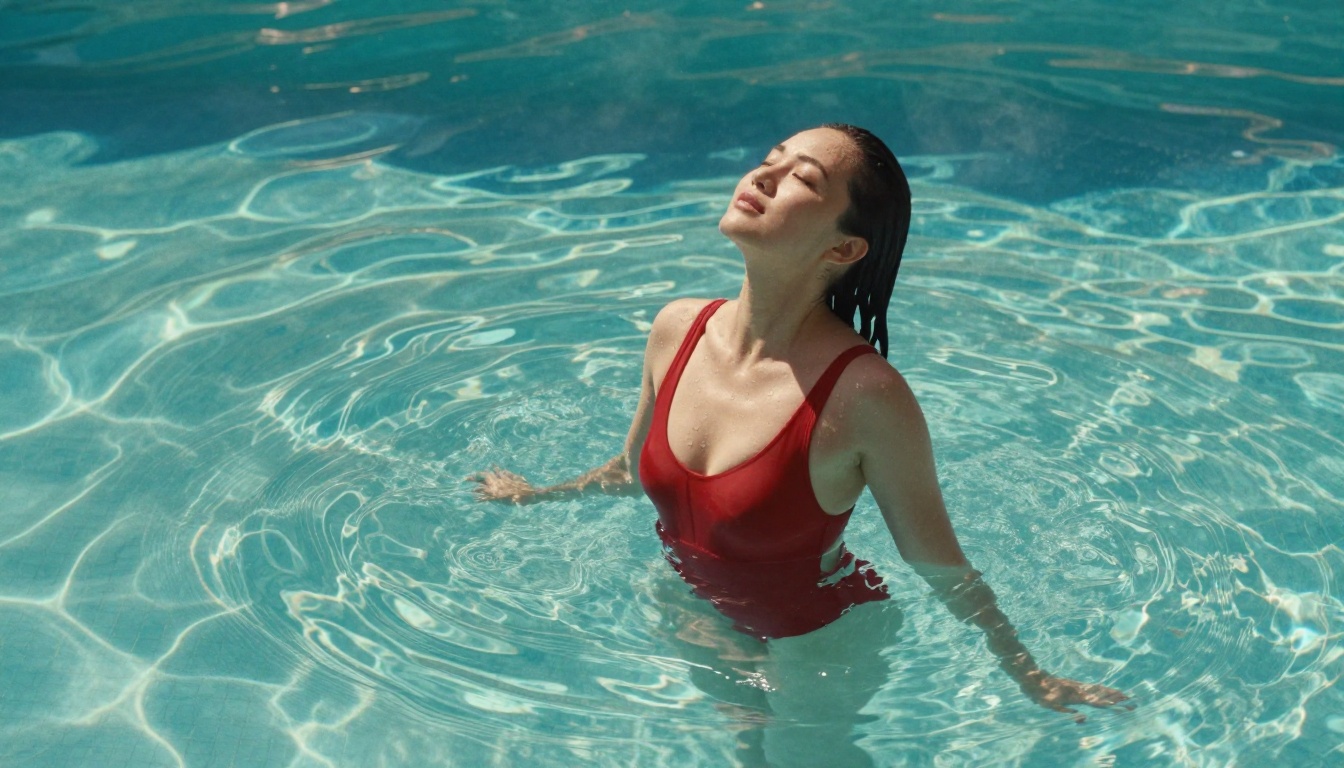 Woman in red swimsuit in pool, dramatic light and water detail