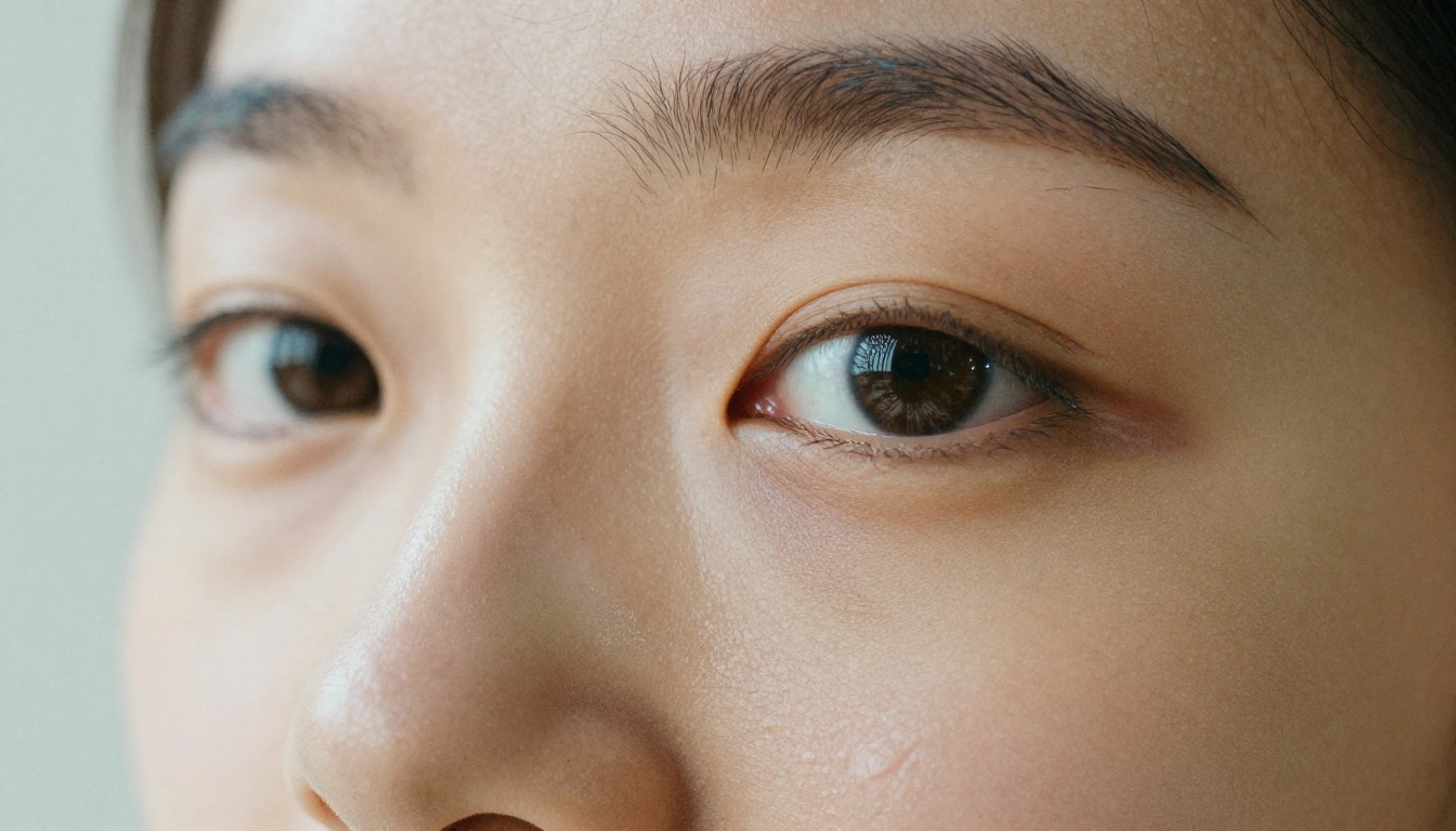 Extreme close-up portrait showing individual pore detail, translucent skin, iris fiber patterns under 100mm macro lens