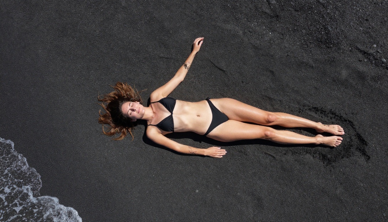 Aerial overhead drone shot, volcanic sand beach, woman in black bikini, midday overhead light, photorealistic 8k