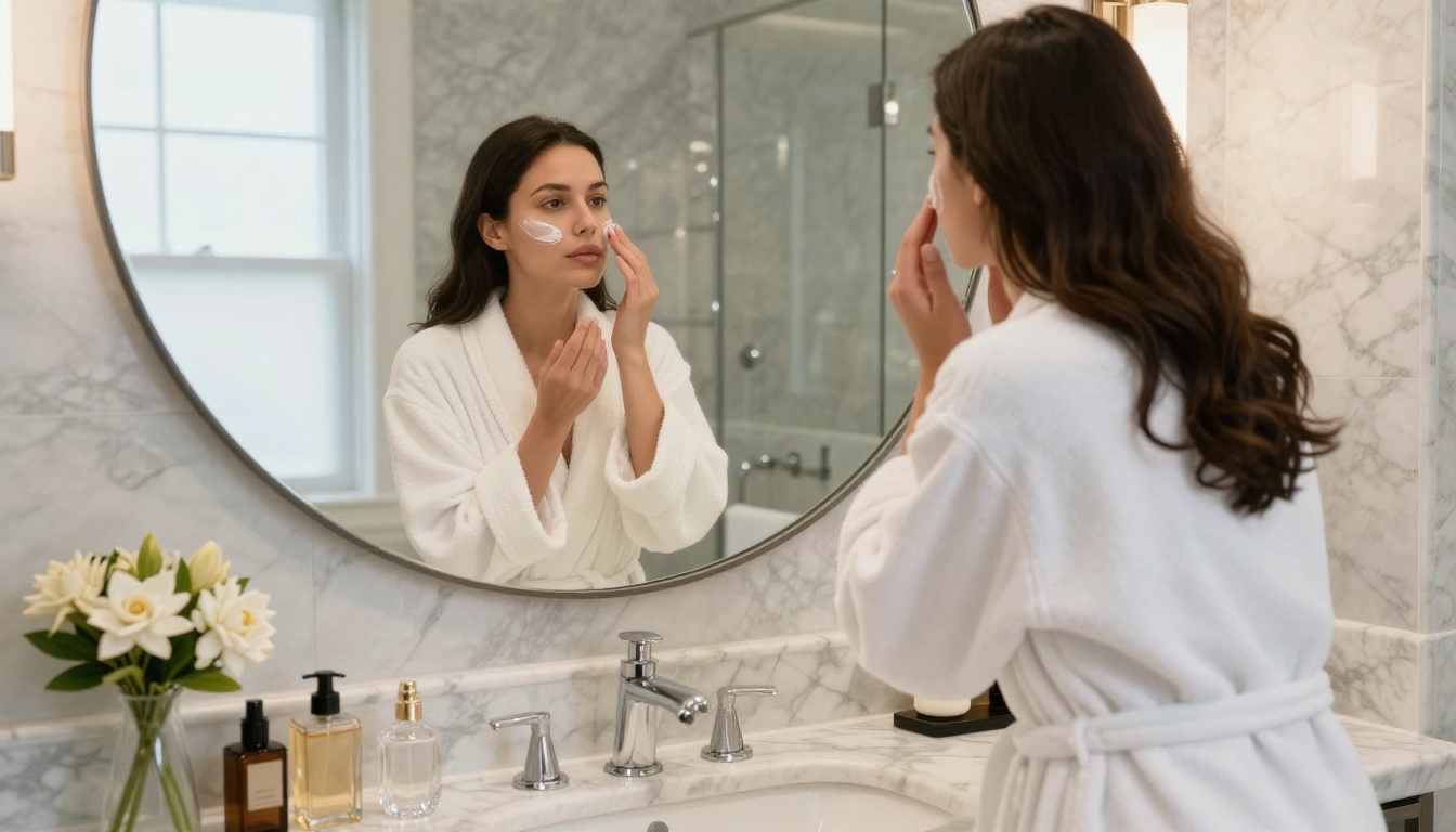 Woman in spa robe at luxury bathroom vanity, morning light through frosted glass, marble countertop, crystal perfume bottles