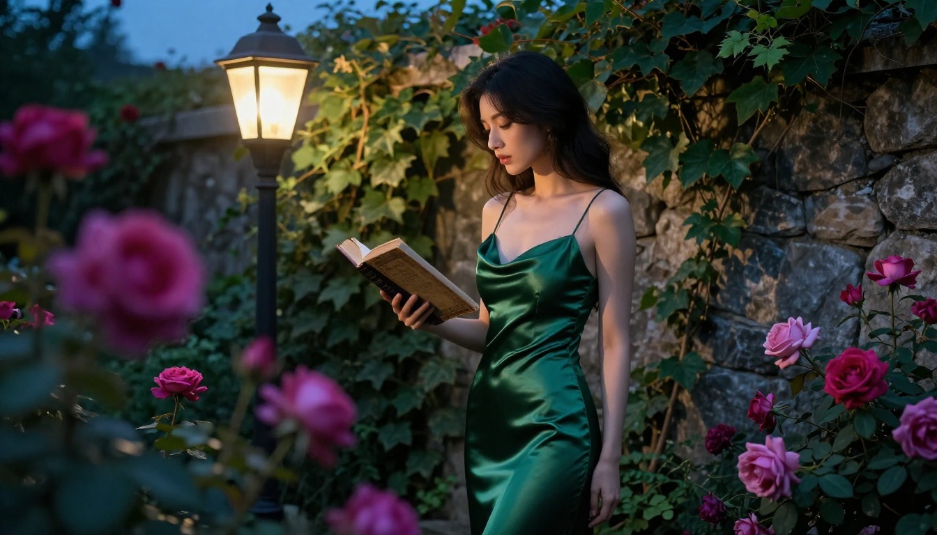 Woman in deep green satin slip dress in garden at dusk, blue-hour light with warm lantern, 85mm f/1.4 bokeh roses