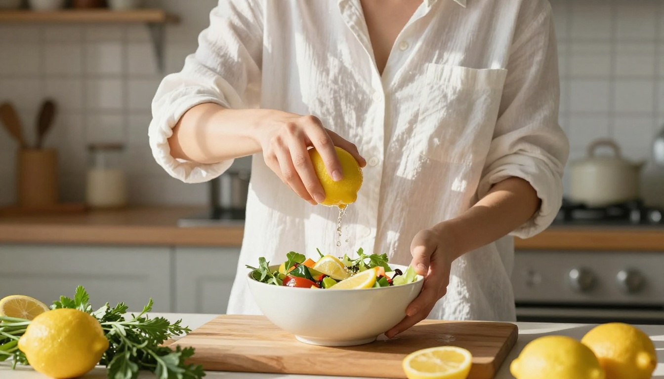 Woman in white linen shirt in sun-drenched kitchen, citrus spray captured mid-air, morning window light, Kodak Portra 400