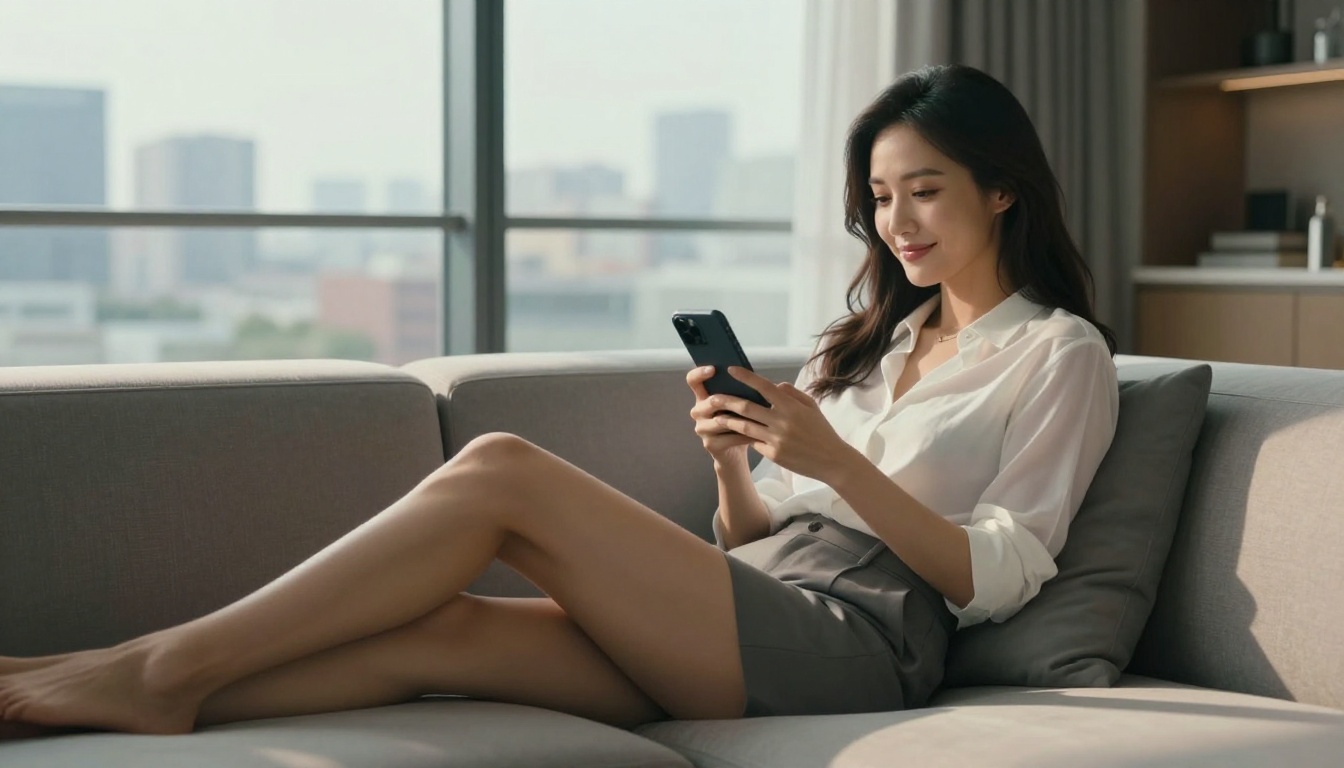Woman on modern sofa in sunlit penthouse, holding smartphone