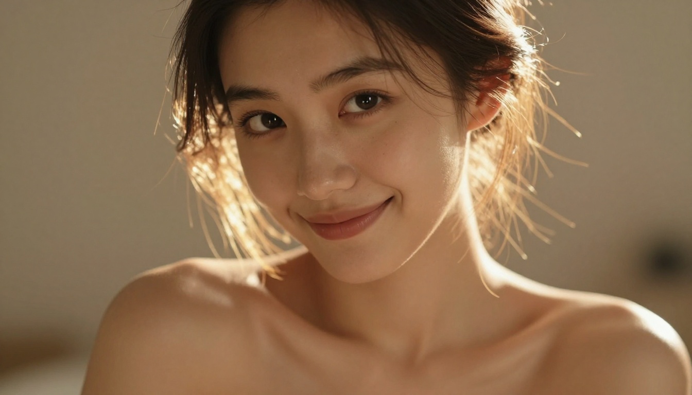 Close-up portrait of a woman over her shoulder, rim-lit hair and collarbone