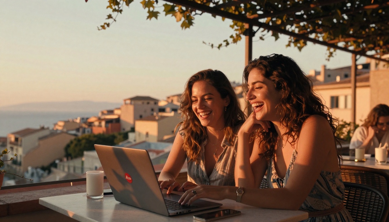 Two women laughing together at rooftop cafe, Mediterranean golden hour cityscape