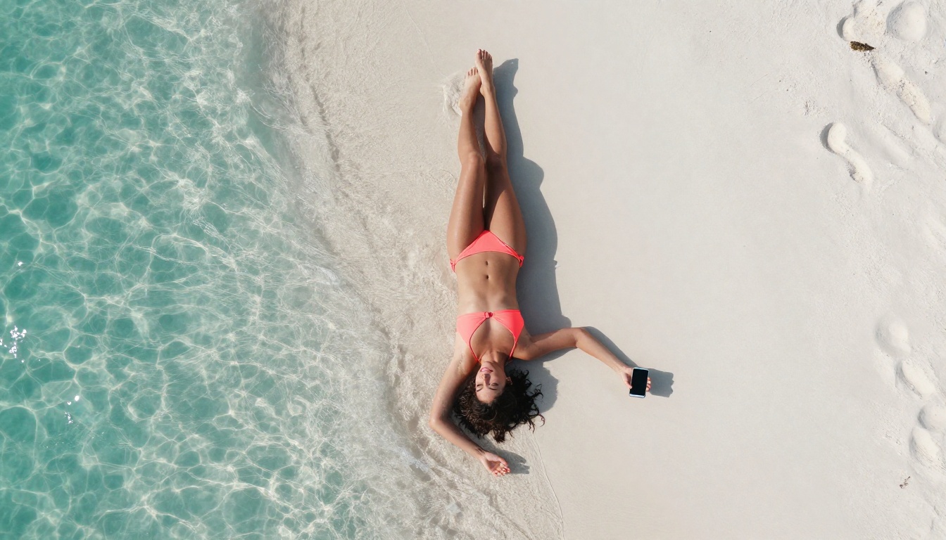 Aerial view of woman in coral bikini on pristine white sand beach, turquoise water