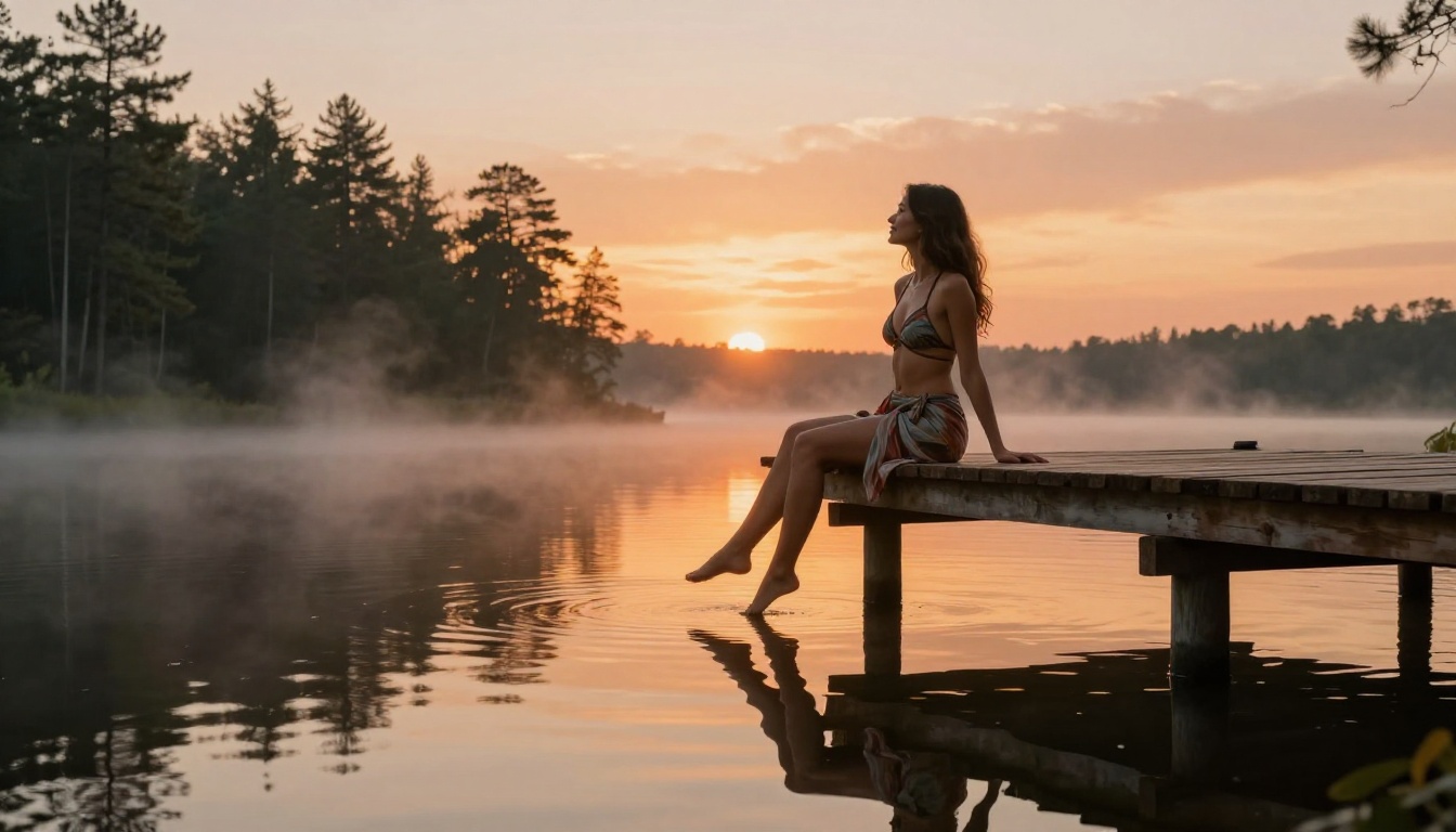 Woman on wooden dock at sunset, lake reflection below, pine forest backdrop