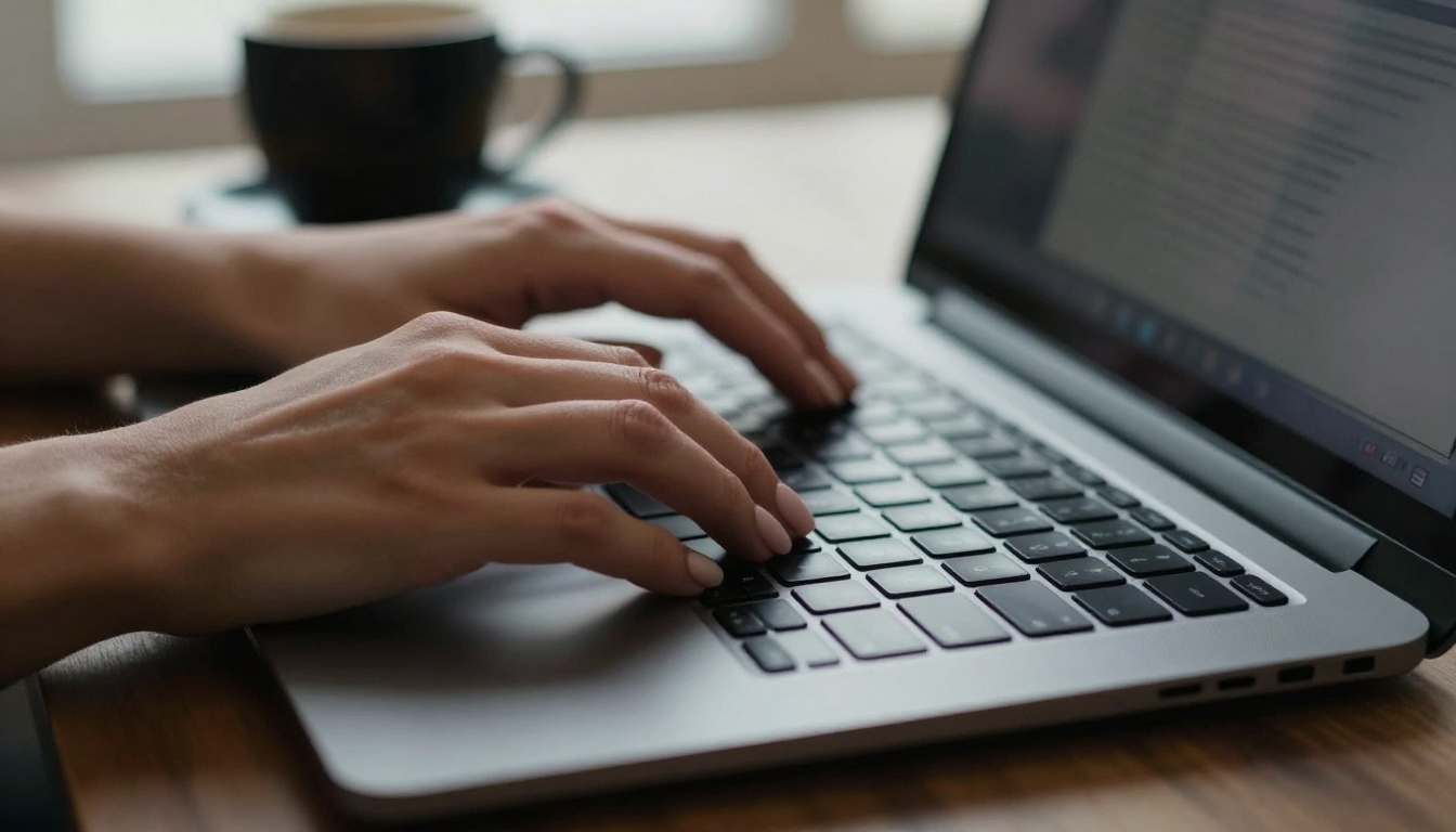 Close-up of feminine hands with nude-polish nails typing on laptop, espresso beside it