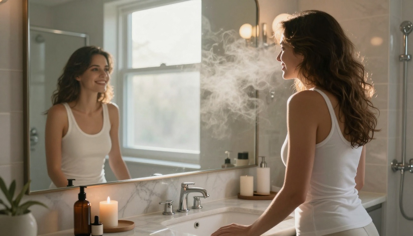 Woman at bathroom vanity mirror, warm incandescent morning light, marble counter