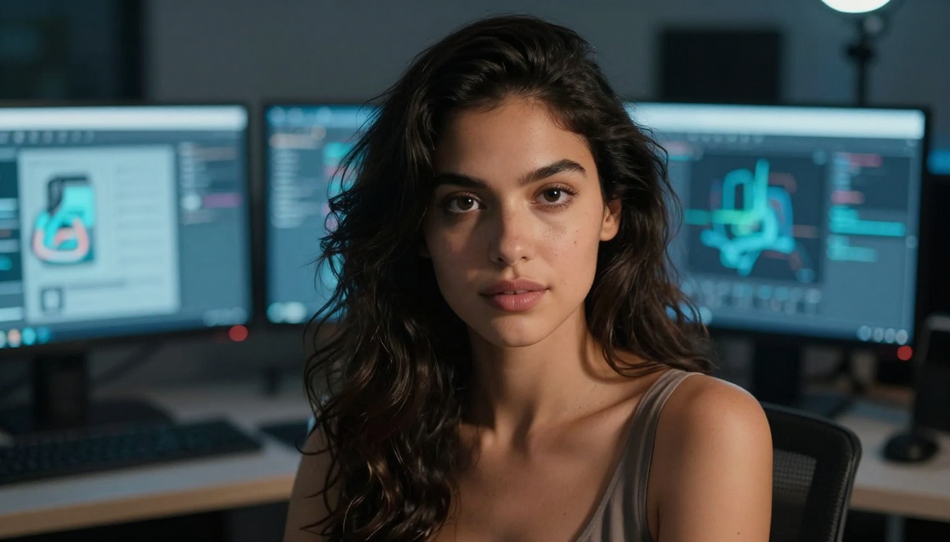 Adult content creator at a modern AI-powered workspace with multiple monitors