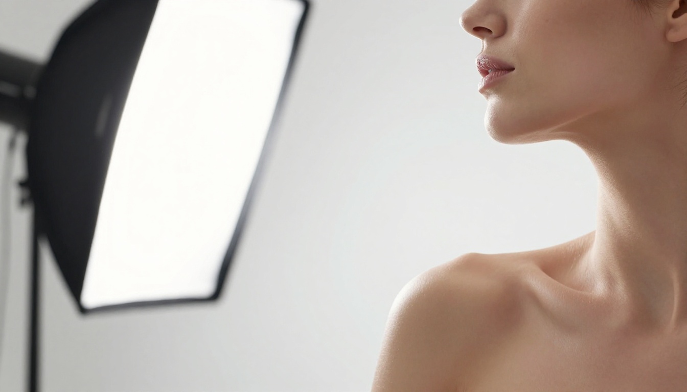 Side profile close-up of woman's bare shoulders with clean white studio background