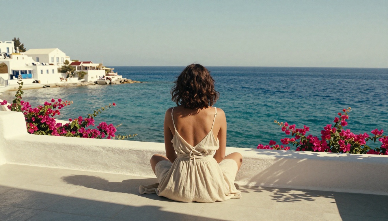 Woman in strappy sundress on Mediterranean terrace overlooking turquoise sea