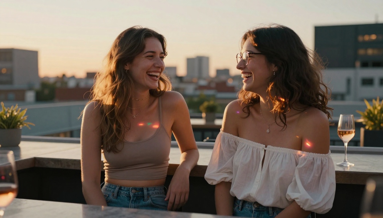 Two women laughing at a rooftop bar at golden hour with warm backlight