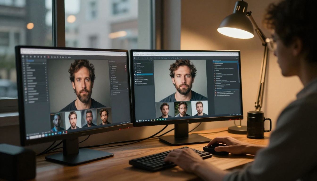 AI NSFW generator workflow on a professional workstation with dual monitors