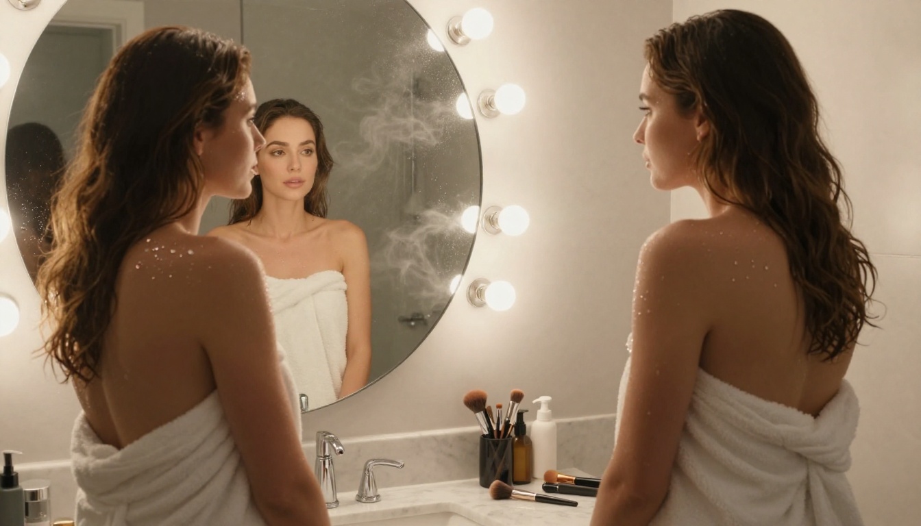 Boudoir-style bathroom vanity scene with woman wrapped in white towel reflected in mirror