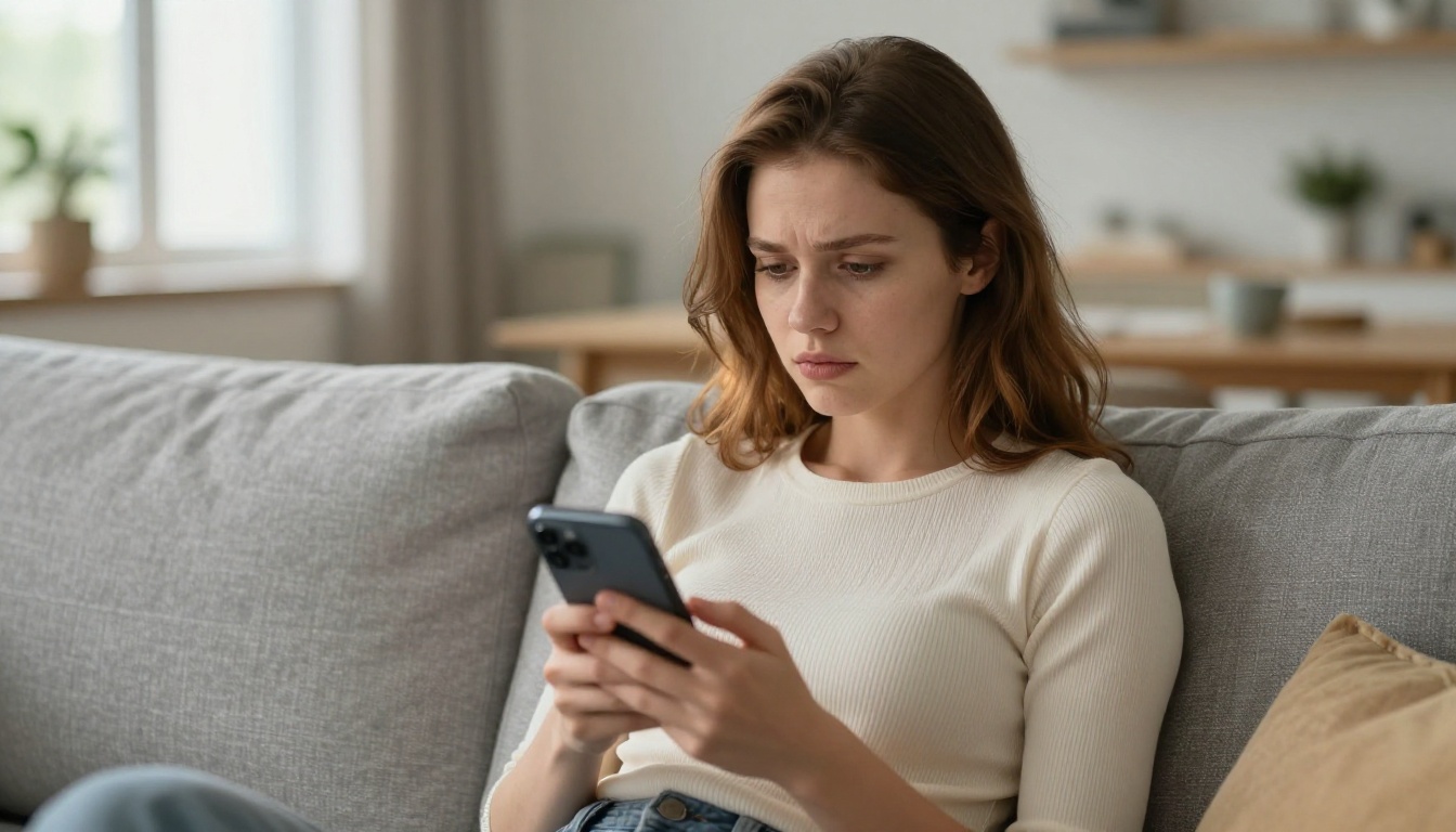 Woman holding smartphone thoughtfully on a couch