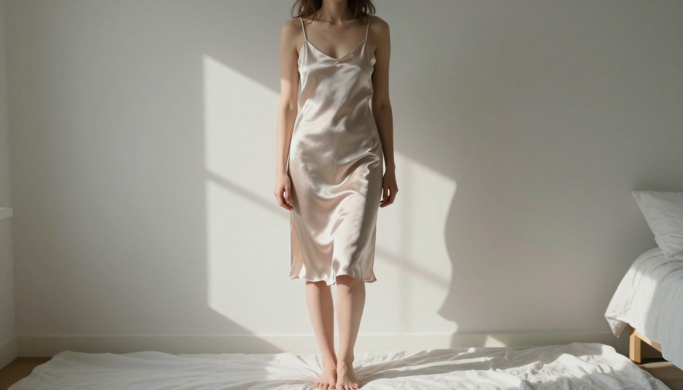 Elegant woman in silk slip dress bathed in soft morning window light with natural bedroom shadows