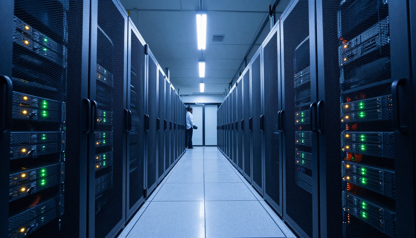 Modern data center server corridor with blue ambient lighting